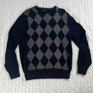 Geoffrey Beene Sweater Men's M Argyle Black Grey Winter Fall Academic Preppy